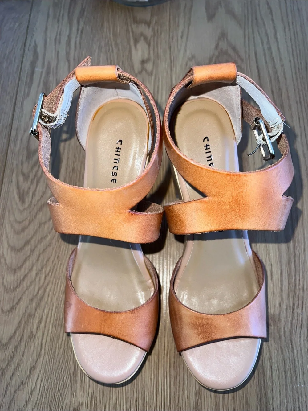 Chinese Laundry Tan Leather Platform Sandal with Wood-Look Heel